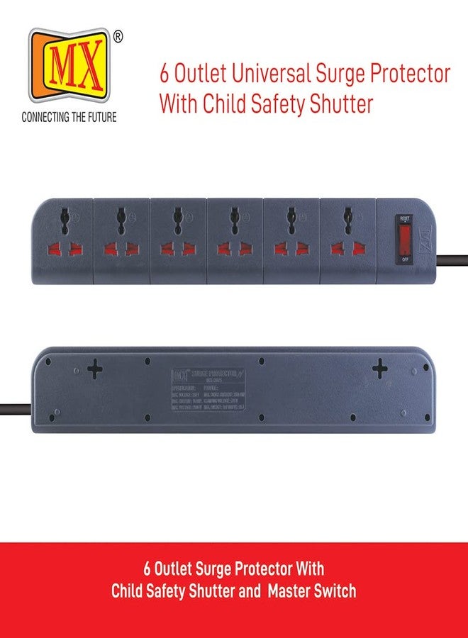 ام كي لوحة تمديد حماية من زيادة التيار الكهربائي MX Spike Guard بستة منافذ - مقابس عالمية ثنائية وثلاثية الأطراف مع غطاء أمان للأطفال، سلك متين بطول 1.5 متر، مفتاح رئيسي - Image 2